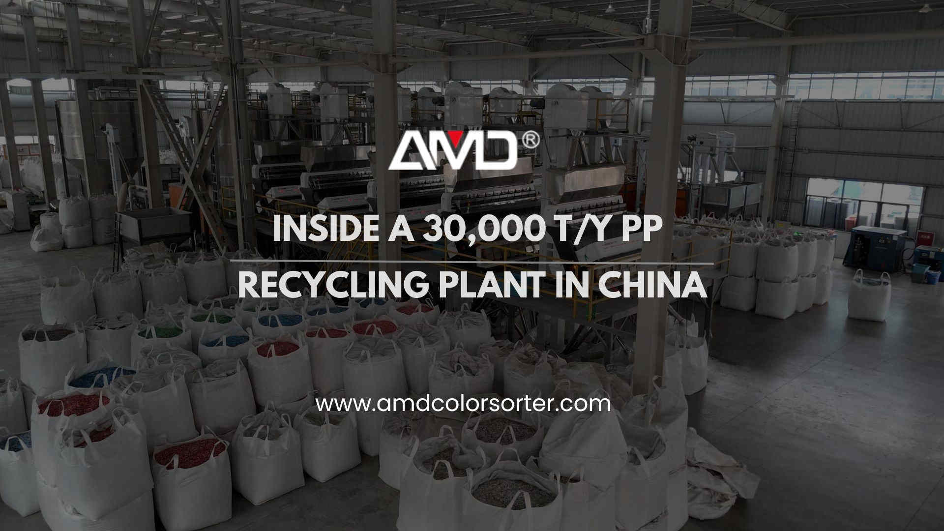 Interior de una planta de reciclaje de PP de 30.000 toneladas anuales con tecnología de clasificación de plástico de AMD